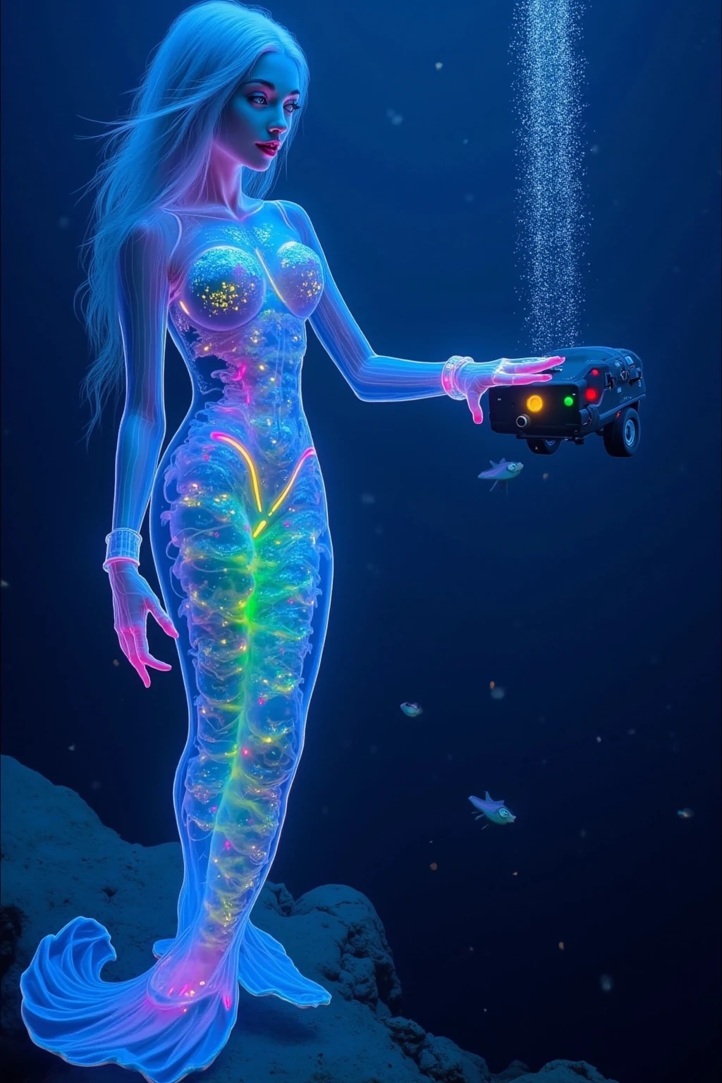 An alien spaceship lit up with neon blue lights extends many slimy tentacles to restrain a buxom young (age 20) redhead on the beach, she is in a metallic blue bikini, she is struggling with many tentacles, tentacles restrain her arms, tentacles caress her thighs, she is coated in slime. Night on the beach only lit by spaceship
