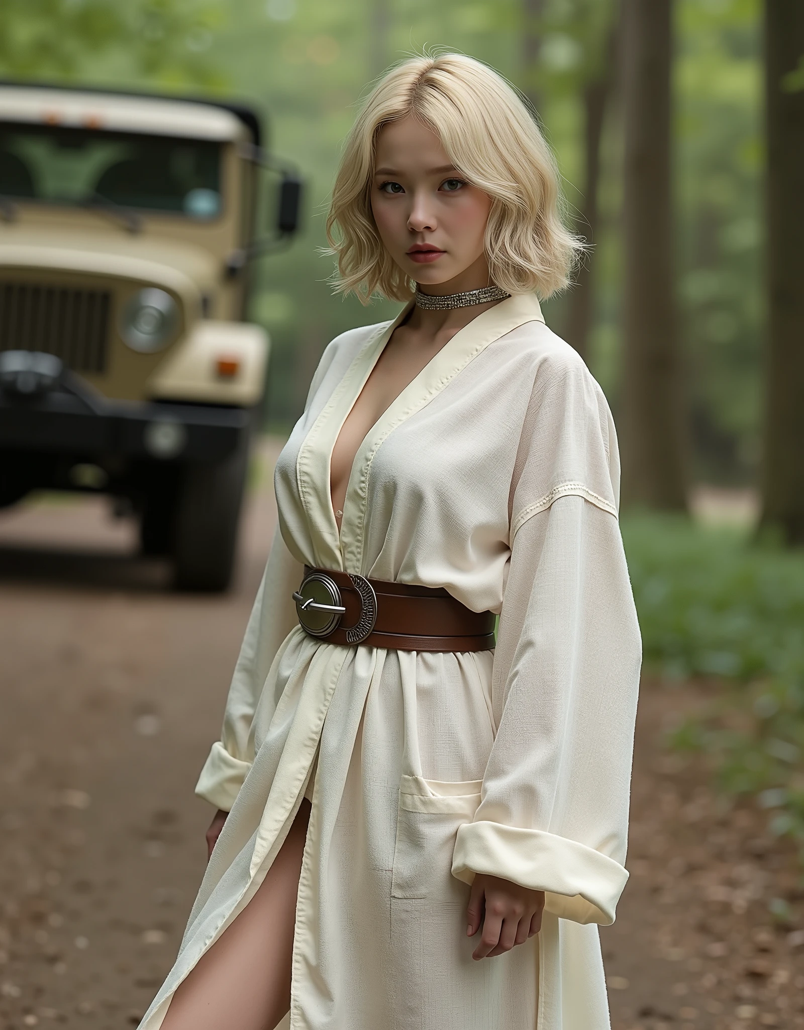 Blonde, cute, 1 girl,( expressionless ), (View All), (details: 1), ( eye details : 1), ((Linen ragged robe:1.3)), well-balanced body. super high resolution. realistic: 1.4, ultra high definition, ,8k,details, Figure Actual,Photo quality, Highly Detailed CG Unity 8K 、 It's a character that emphasizes the aesthetic of a streamlined shape. metal choker, beautiful legs ,The girl's breasts are medium sized breasts that sag naturally ,pale skin, The forest background provides a natural background with trees and leaves, ((There is a large, sturdy off-road futuristic truck far from the back, A futuristic male soldier in luxurious olive-colored armor is wearing hard gear and standing far behind a girl, There are several girls in ragged robes kneeling in the back))