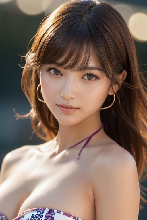 (highest quality, 32k, High resolution, masterpiece:1.5,), Haunting fantasy portrait in abstract style, ((In a swirl of fantastic colors and soft light)), Evoking a sense of soothing tranquility and elusive beauty, Award-winning masterpiece with amazing details, cute japanese woman, 24 years old, perfect human anatomy, big magical eyes, gentle smile, ((Shiny detailed brown hair)), Long straight hair tousled by the wind, Beautiful asymmetrical bangs, hair between eyes, smooth and soft skin, thin eyebrows, clear double eyelids, Attractive pink lips, ((naked, Wrap your body in a transparent silk cloth)), High resolution perfect collarbone, High resolution beautiful bust, Slender body with plump breasts, ((sparkling light effects:1.3)), summer blue sea, The blue, sparkling water surface reflecting light, bright sunshine, professional lighting, professional photographer, Professional models,mysterious