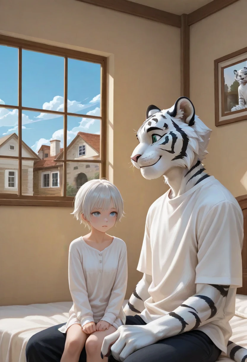 A cartoon image of a couple standing upright, with the girl having white skin, black hair, a side bang, and curly hair. She is holding a white, long-haired cat in her arms. The boy has a Korean hairstyle, with one hand open and the other holding a silver gradient cat.