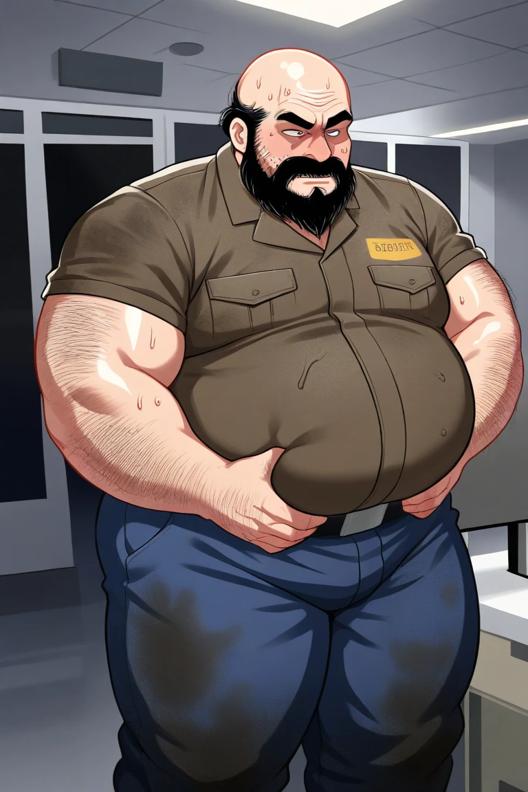 ((speed painting))+++ , palette knife painting, painted in impressionist style, brushstroke painting technique, large strokes, portrait of handsome mature man plump chubby morbid extremely thick thighs bulging belly fat), older man, gray hair, white man, ( wearing,boots,stubble,police chief,bage,beard,old man,indoors,necktie,sitting,spread legs,), bulge, detailed glade on clothing, (fat and corpulent: 1.3), full beard very long, looking at the viewer, handsome man, detailed eyes, symmetrical face, mischievous smile, robust, mustache, longer hair, his body is lying sideways on the floor, front view.(masterpiece), top quality, photorealistic, hyperrealism, absurdres, tack sharp, subsurface scattering, 8k, HDR, 35mm, professional photography, RAW. 🍼.Many exaggerated squirts of semen come out of the glans of the penis), low angle view, with hands Gesturing with hands holding testicle with hand, gesticulando, expressando, ((genital Masculino glande peniana tamanho anormal, phallus size gigantic phallus super long phallus inclined fallen, dropped balls)), sensualizing with the hand on the crotch, Acariciando as bolas, ejaculando exageradamente, Gozando sem limites, Jorrando jatos de esperma da glande peniana, corpo muito suado, suor extremo no corpo.