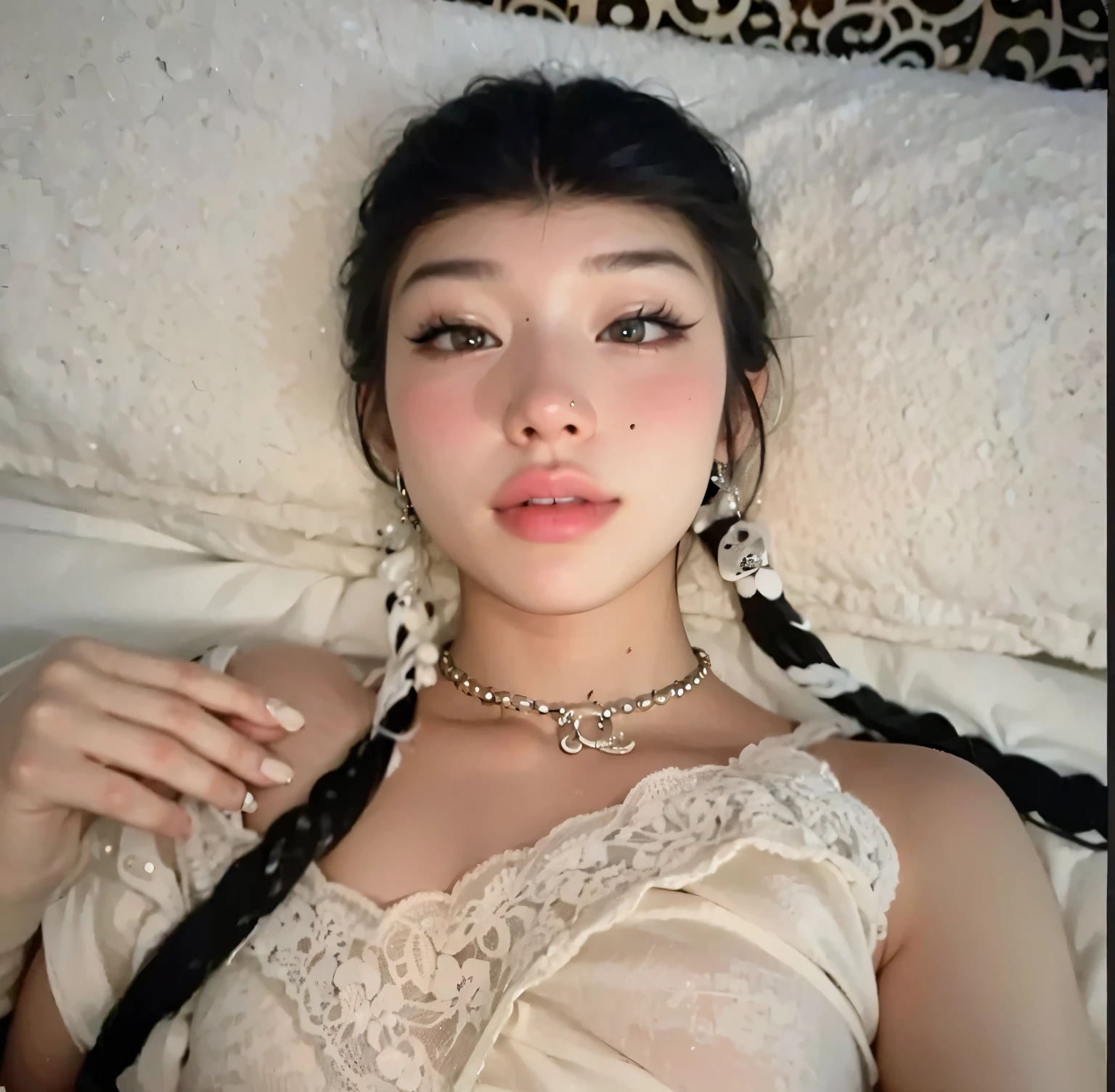 (uma menina preta bonita com olhos azuis+beautifull lips+afro braid:1.2) is in a room overlooking the beach. she is lying on the bed, Oeste --auto