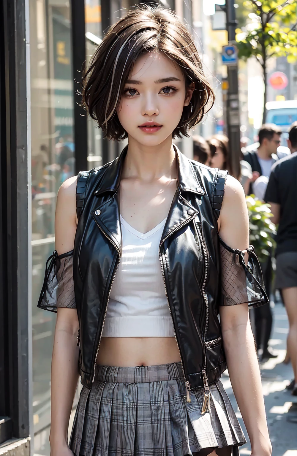 Tokyo Street、Woman walking on the street、Boyish Woman、the wind is strong、(Realistic、Like a photograph、Live Action、8k, Realistic, RAW Photos, Best image quality: 1.4), Single-lens reflex camera、RAW Photos, Highest quality, Realistic, Highly detailed CG Unity 8k wallpaper, Written boundary depth, Cinematic Light, Lens flare, Ray Tracing, Realistic background、(A fitted mini T-shirt:1.4、Abdominal muscles、Leather jacket、Black skinny pants:1.4、Big Breasts)、(The strap of the bag passes between the chest、paisla、Shoulder bag)、((Silver Inner Color Hair:1.1))、Cute Japanese Band Girls、((whole body:1.5))、(short hair:1.2、My hair flutters in the wind:1.5)、I like that style、stylish、Very detailed、Pay attention to the details、Perfect outfit、(White skin)、Beautiful feet:1.1、View from the front、Accurate Arm、Meet on a street corner、Super detailed face