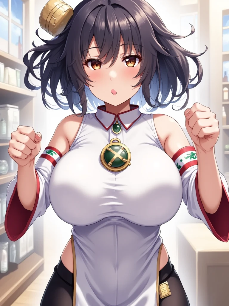 Manga cover style, detailed.
best quality, art, detailed face, in the style of lora marvin.

a hot woman with a 46-year-old appearance wears a very tight top over her large breasts, with the Brazilian flag on the top. She is in a night bar, she has black hair, and dark tanned skin.