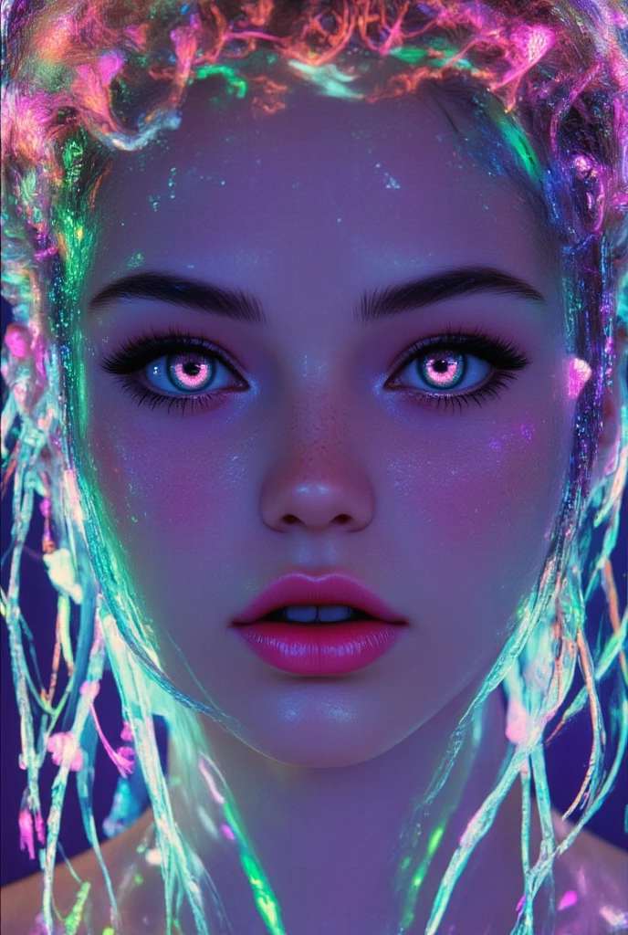 The jellyfish hybrid with a thin jaw and beautiful, well-groomed face is a 25-year-old female((very very big pink hanging eyes))Beautiful, moist, silky skin with mint cream((Beautiful and shiny mint cream medium curl hair))A woman with a model figure who has lost a very thin weight((The arm is a jellyfish's flashing tendrils))25-year-old female jellyfish humanoid、A 25-year-old woman is an incarnation of a jellyfish（25 year old adult female１People stare)Look at Viewer（Mint Cream）Kilonex jellyfish hat、A person who emits fluorescence 、Tendrils emit neon light and flow down like a living cape、Real fantasy taste、dynamic pose soaked in hot springs((I'm wearing a gorgeous fantasy dress))