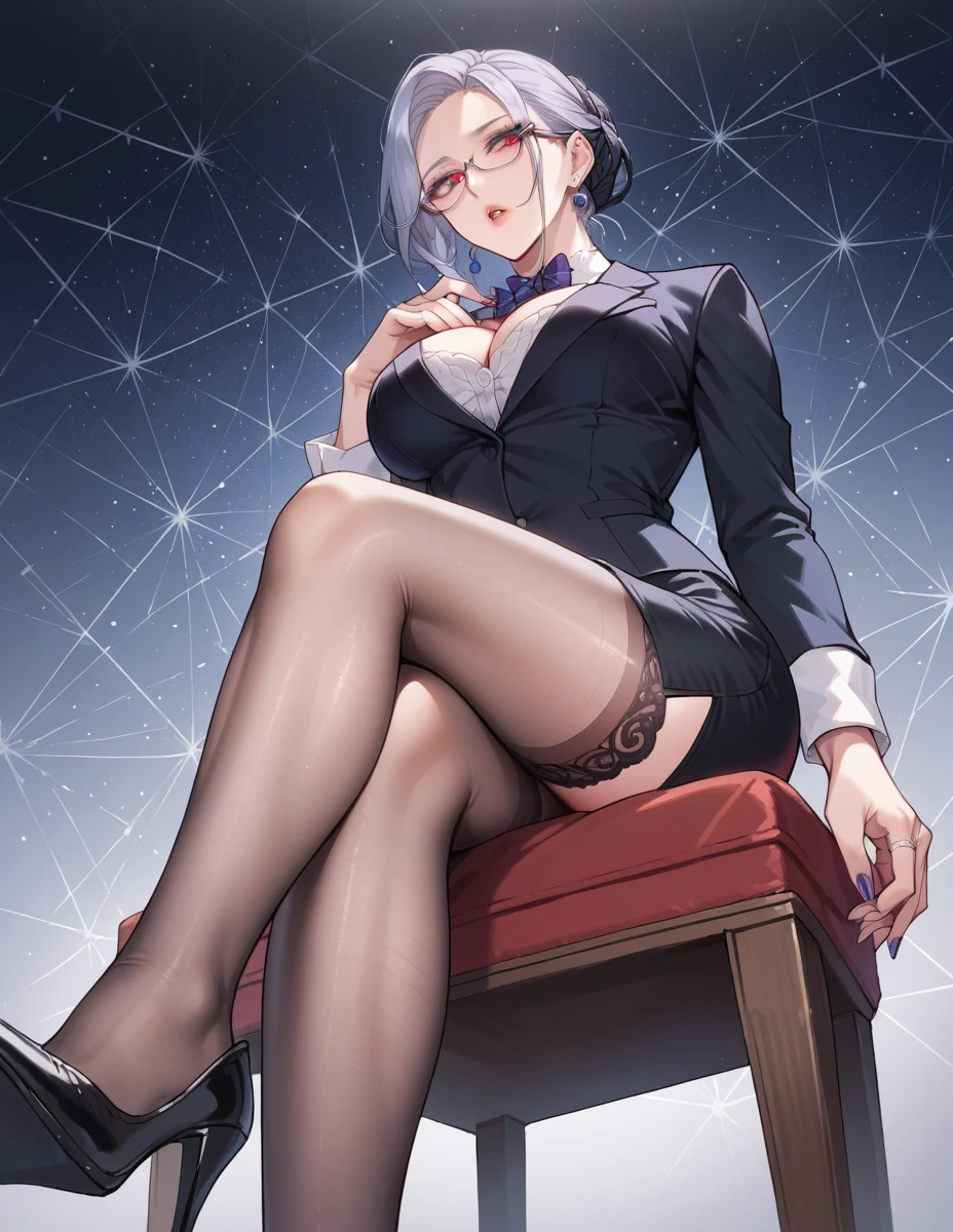 1girl, mature female, masterpiece, mistress, goddess,sitting,short hair ,puple hair ,glasses,black coat,white under coat,panthyhouse