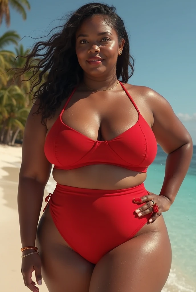 chubby elegant black woman, woman Wearing red bikini, in pool,Wet body, wet hair, smile, smile, smile 100%,2 4 year old female model, ,Short cut mid body shot, casual pose, violet myers, instagram template