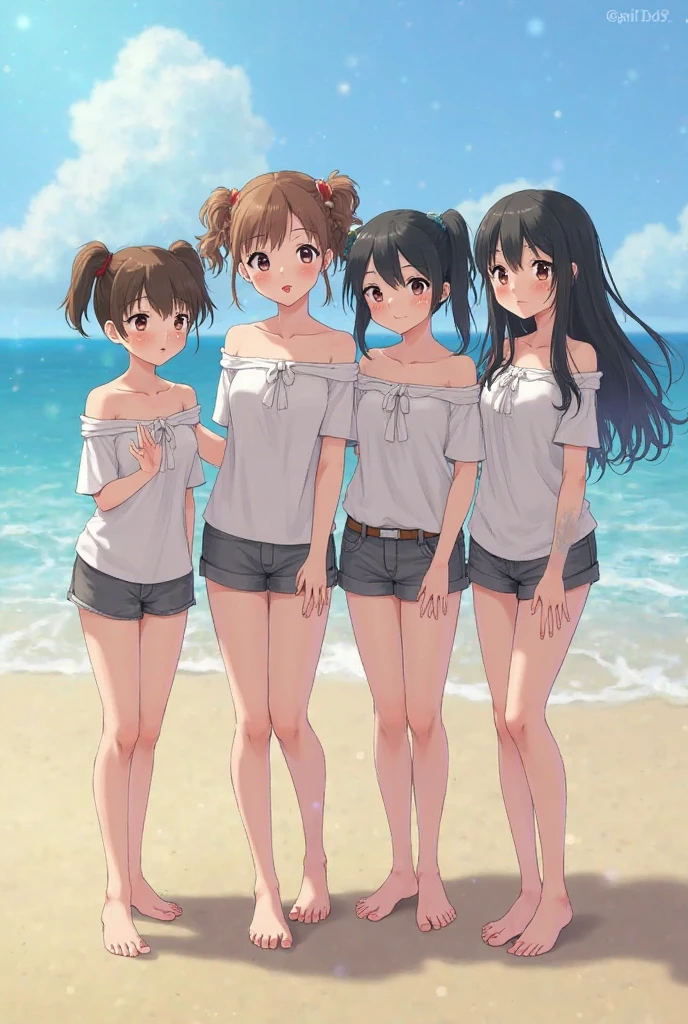 One Man、、short hair、Straight Hair、Flat Hair、Brown Hair、Brown eyes、Forehead、Ahoge、Swimwear、Shorts、Tank top、belly button、Upper Body、Ocean、beach、laughing、