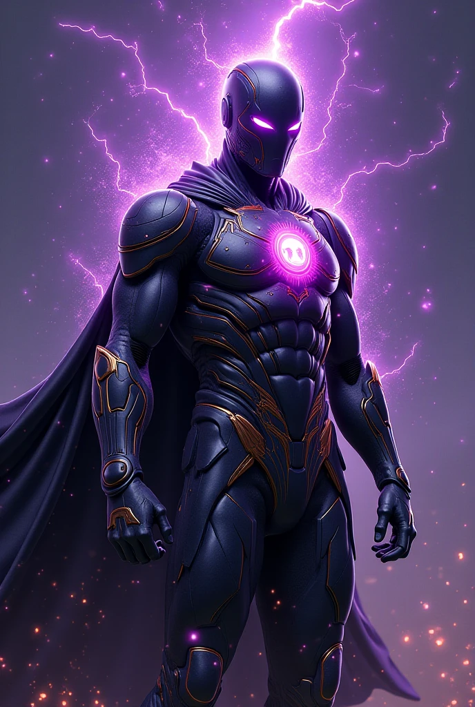 "Create an image of a powerful superhero character designed for an NFT. The superhero should possess unique abilities, such as soul transport, along with a wide array of other superpowers that make them a formidable force. The character should be visually striking, with a strong, confident stance. The suit should be sleek, modern, and beautifully detailed, incorporating advanced technology and mystical elements that hint at their incredible powers. The suit should feature glowing accents, possibly in a rich, otherworldly color palette like deep purples, golds, and blues. The character’s face should exude wisdom and determination, with a unique mask or helmet that enhances their mystique. The background should be a dynamic, cosmic scene that reflects the vastness of their abilities, with swirling energy and stars, adding a sense of epic scale and power."