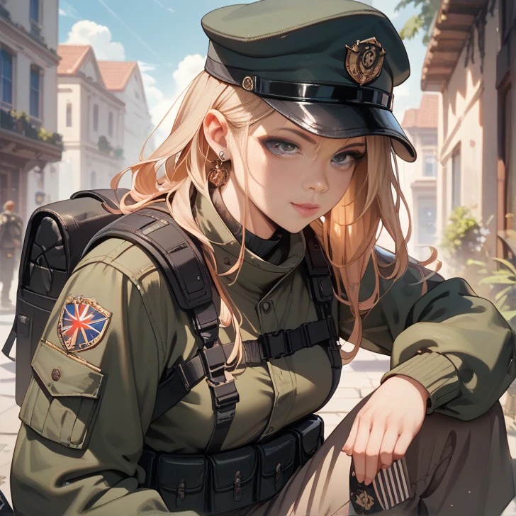 (masterpiece), the best quality, super detailed CG Unity 8k wallpaper, the main subject of the picture is a female soldier with golden hair, heterochromatic pupils, black and blue eyes, wearing an M56 helmet, waving a broken red flag in her hand, shouting loudly on the battlefield, the background is black, the scene is the German Democratic Republic.