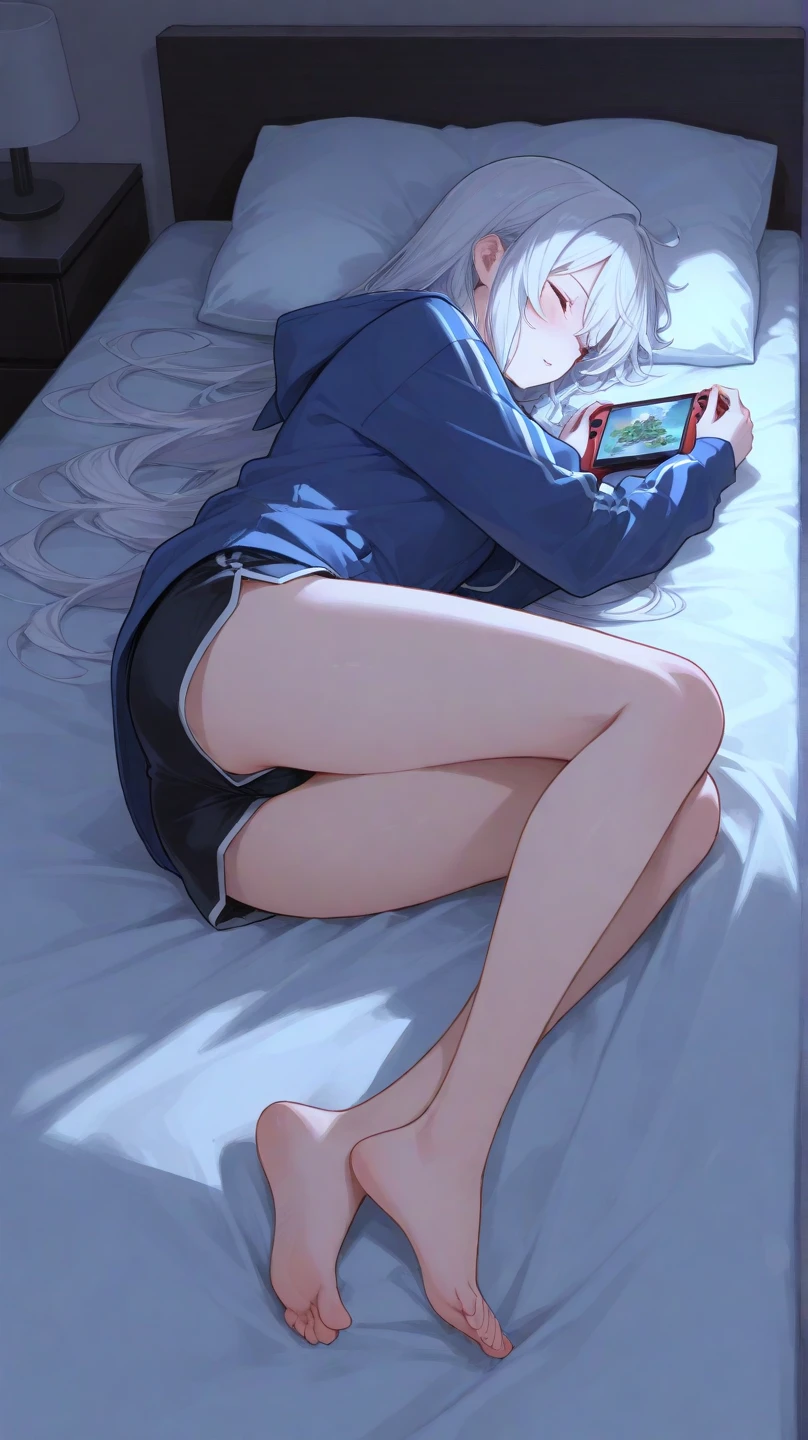 (masterpiece:1.2), (best quality:1.2), pretty young woman, long tousled white hair with a pink line, pretty blue eyes, long-sleeved dark blue sweatshirt, black long pants, black socks, (natural body ), medium breasts, natural curves, nice butt, in the bedroom lying on the bed with his phone, looking from the bed at the viewer with serious and cute eyes, next to the bed a window, it is raining outside, (NSFW filter)