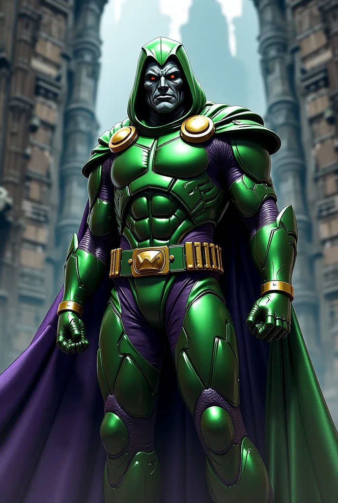 A muscular alien man, green skin, red glowing eyes, dark violet costume with red lines, cross harness, asterisk emblem, armor loincloth, pants, boots, flowing cape, space background