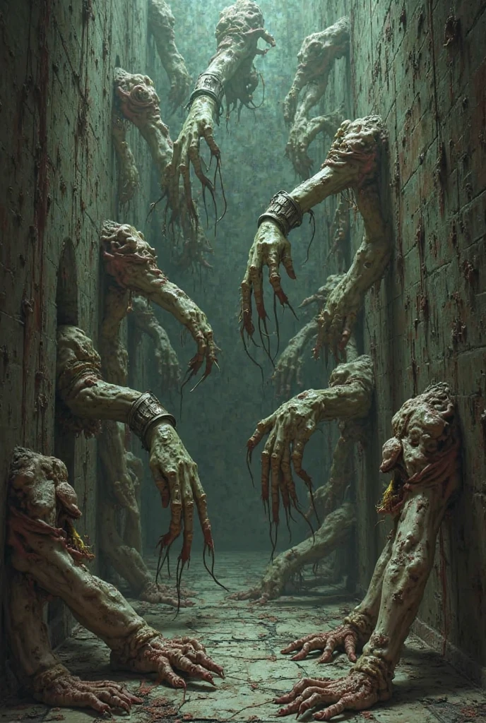 Corrupt Zombies、Lush vegetation、Fractal Art、Super detailed、8K、Photorealistic、Cinematic lighting、Dramatic Shadows、Dark and gloomy atmosphere、Earth Colors、Bright colors、Complex organic texture、Twisted, gnarled roots、dense foliage、Cracked rotting flesh、Creepy look、rotten teeth、Sunken eyes、Tattered clothes、Dramatic Pose、Dynamic configuration