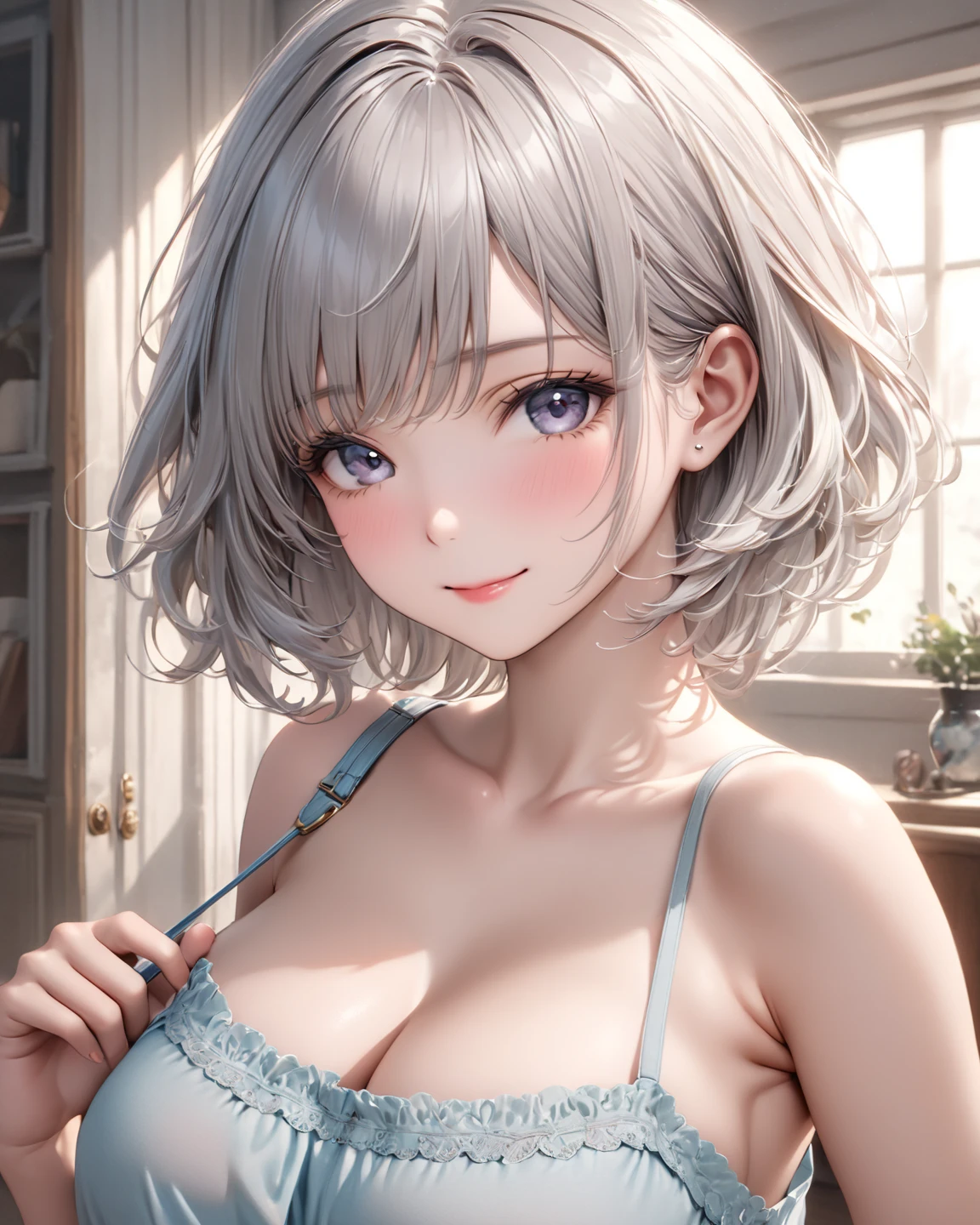 (masterpiece, Highest quality), Small breasts, Cleavage, Ruffled swimsuit, Gray Hair,Twin tails, short hair, Sit on a cushion , (Suggestive:1.2), (smile:0.7), Upper Body