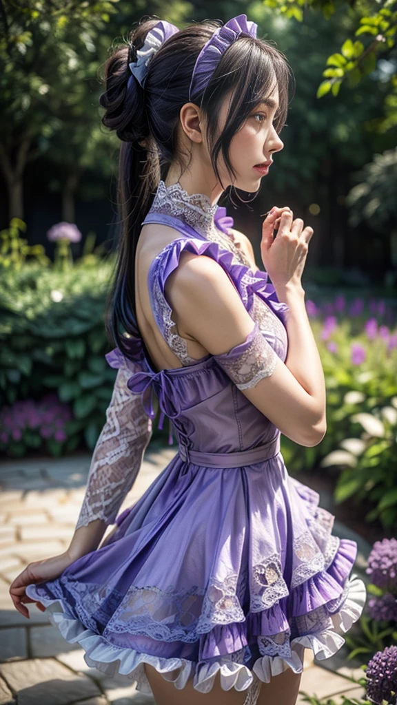 4K highest image, highest quality image of a beautiful and detailed illustration of a gothic-style female character in Japanese anime art. She has long silver hair with realistic texture and shine, each strand finely detailed, showing natural flow and movement. She wears black and purple ribbons and floral decorations in her hair, enhancing her gothic look. She is looking back over her shoulder, creating a poignant and ethereal atmosphere. Her expression is calm and mysterious, with deep purple eyes and long eyelashes, beautifully shaded around her eyes. She wears a black gothic dress with luxurious embellishments, showing the texture and light reflections of the fabric realistically. The dress features lace and frills with intricate patterns, especially detailed around the neckline and cuffs. She accessorizes with large purple earrings and a black choker. The background features a fantasy-like atmosphere with black and purple tones, butterflies, and floating flowers, creating an ethereal ambiance. The lighting comes from behind her, casting beautiful highlights on her hair and dress, emphasizing contrast and three-dimensionality. The overall style emphasizes Japanese anime art with a delicate and transient feel, making the artwork visually captivating.