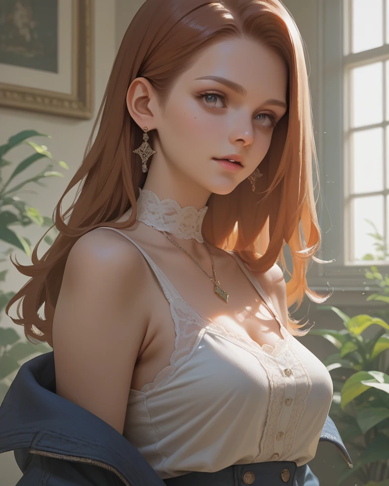 ((ultra detailed, masterpiece, absurdities)) CanteraAbigail, 1 girl, Alone, Red hair, Brown eyes, sitting in a garden, rose, showy, sunrise, cinematic lighting