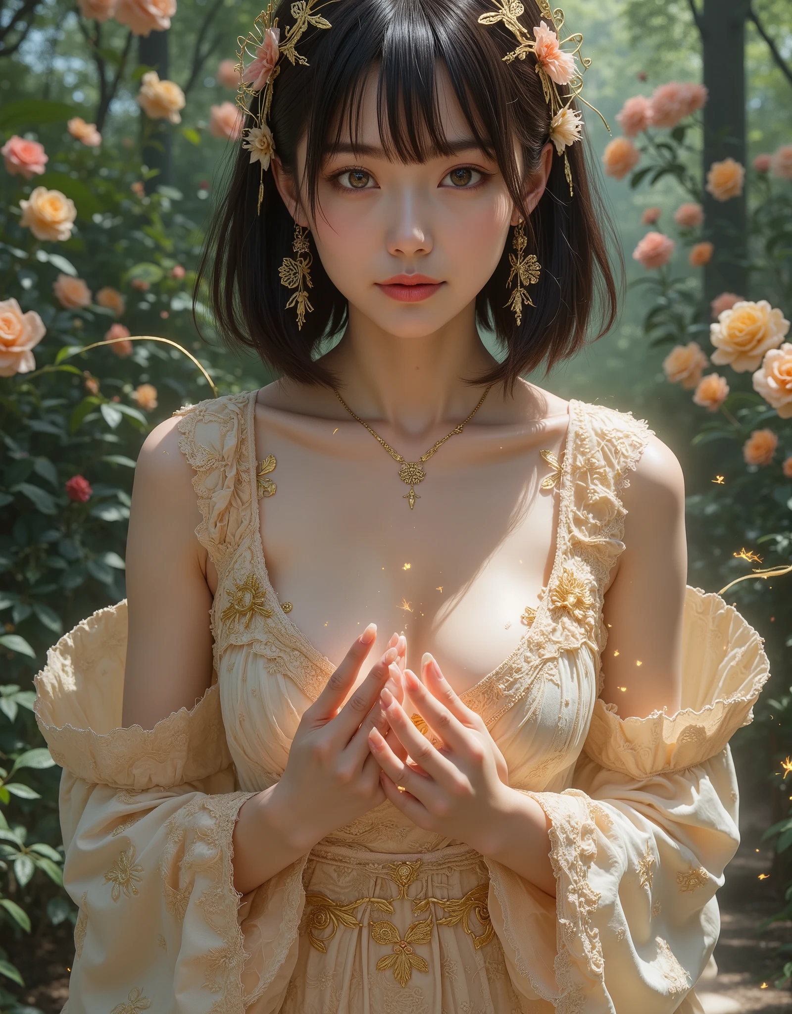 super real, photorealistic, Dramatic scene, soft focus、shadow, global lighting, solo, short bob hairstyle、perfect anatomy, perfect fingers, (She is a famous Japanese idol woman、object, とてもきれいinす、very cute face , detailed facial skin texture , (組み込みのネオンマーカーを備えた美しいレースを着たobject姿,、 Witch's Robe 、Witch Hat、 The Wizard Girl、 , in the woods、slim waist, 言葉の投shadowマッピング {X} , in、beautiful New Year's sunrise in the rose bed , Black and Green、dynamic angle, dynamic flight pose