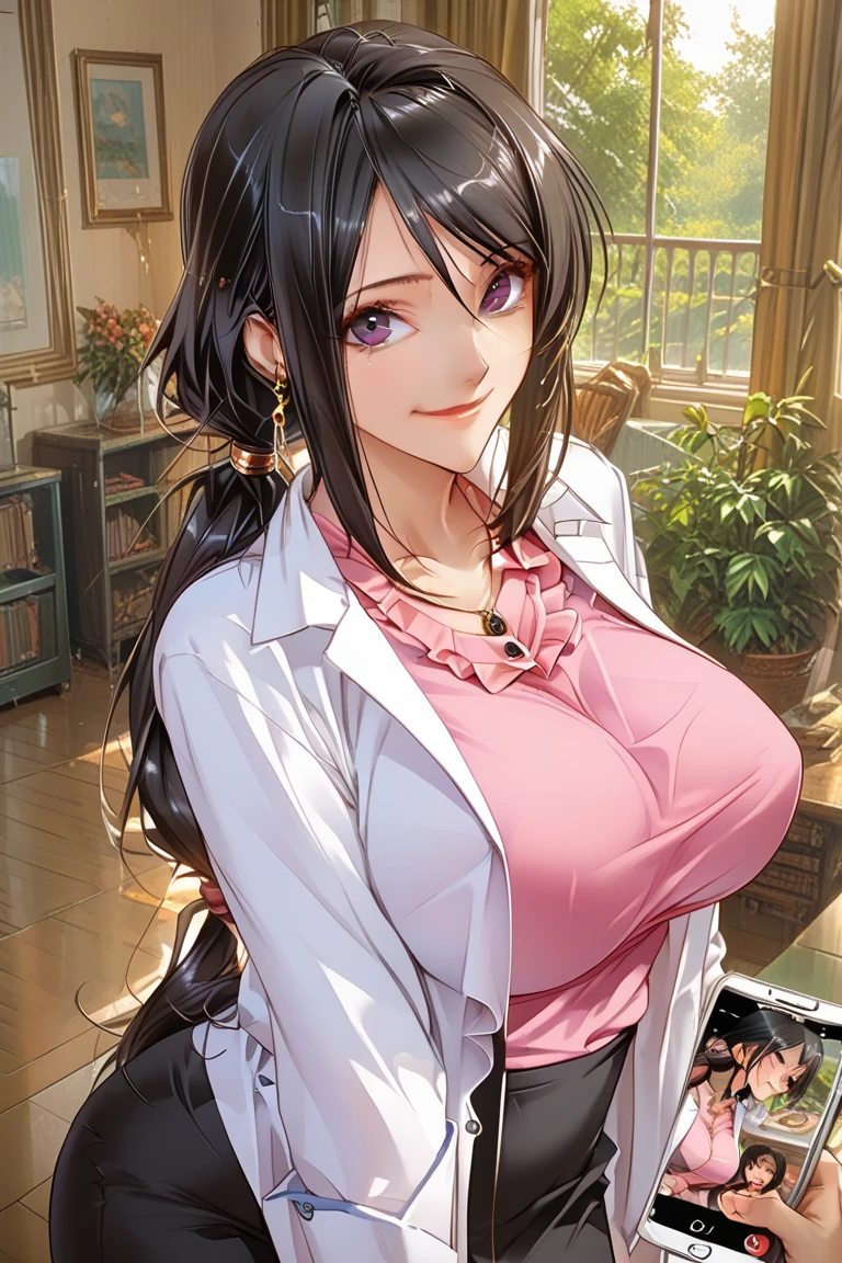 (masterpiece, highres, high quality:1.2), intricate details, cinematic lighting, sharp focus, depth of field,
ShinomiyaYurika, 1girl, solo, mature female, cowboy shot, hands on own chest, medicine room, day, sky, window,
seductive look, squinting,
black hair, long hair, ahoge, makeup, lipstick, (mole under mouth:0.8), eyelashes, green eyes, detailed face, choker, glasses,
labcoat, open shirt, pencil skirt, thighhighs, garter straps, lace trim, lace-trimmed bra,
huge breasts, cleavage,
<lora:ShinomiyaYurika:0.85>