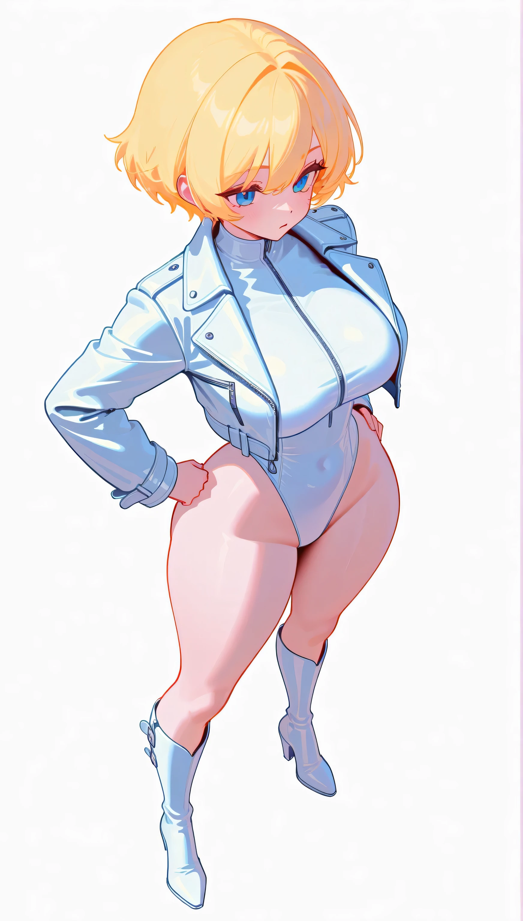 (masterpiece), (best quality), ((ultra-detailed)), (high resolution), (an extremely delicate and beautiful, super fine illustration), official art, BREAK (1girl), (loli:1.8), (tiny girl:1.6), (8yo) (flat chest:1.4), Plump, (Thick thighs:1.8), (big ass:1.5), erect nipples, Huge areola, large nipples, (long nipples:1.4), erect nipples, oily skin, BREAK droopy eyes, (emerald blue eyes:1.3), (bad mood:1.5), (clear face:1.5), (half closed eyes:1.8), BREAK (bob cut:1.3), tired hair, messy hair, blue colored inner hair, Black hair color, (girl wearing round black glasses), BREAK (white Bodystocking:1.7), (cropped black jacket:1.3), (micro shorts:1.5), (sneakers), (front view:1.5), full body,