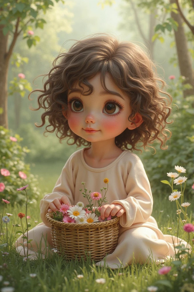 Futuristic Afro cartoon girl with flower in hand kneeling in a field of flowers, bela arte digital, arte digital detalhada bonito, adorable digital painting, menina afro nas flores, Bom anime, Soft anime illustration, arte fofa, menina Bom anime, kawaii retrato realista, menina chibi, Loli, official illustration, menina afro bonito, menina afro bonito, advanced digital chibi art