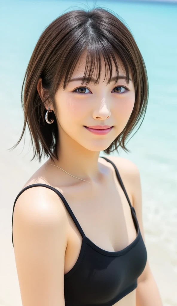 Random Pause, Mix 4, (8k, RAW Photos, highest quality, masterpiece: 1.45), (Realistic, Realistic: 1.37), One girl, cute, Midsummer blue sky、Cumulonimbus、blue sea、Sandy Beach, Professional Lighting, Photon Mapping, Radio City, Physically Based Rendering, Gradient black hair, Gray Hair, Short Curly, good looking, girl, Transparent slip dress, High quality photos, High resolution, 1080p, (Clear Face), (Detailed face description), (Detailed hand description), (masterpiece), (Exquisite CGI), Extreme light and shadow, Disheveled Hair, masterpiece, Rich details, (Outstanding Features), (highest qualityの写真), (masterpiece), (Beautiful Eyes), Look in front of you, Thin clavicle, ((big)),big Smile,Head to Knee、Large Breasts、Saggy breasts
