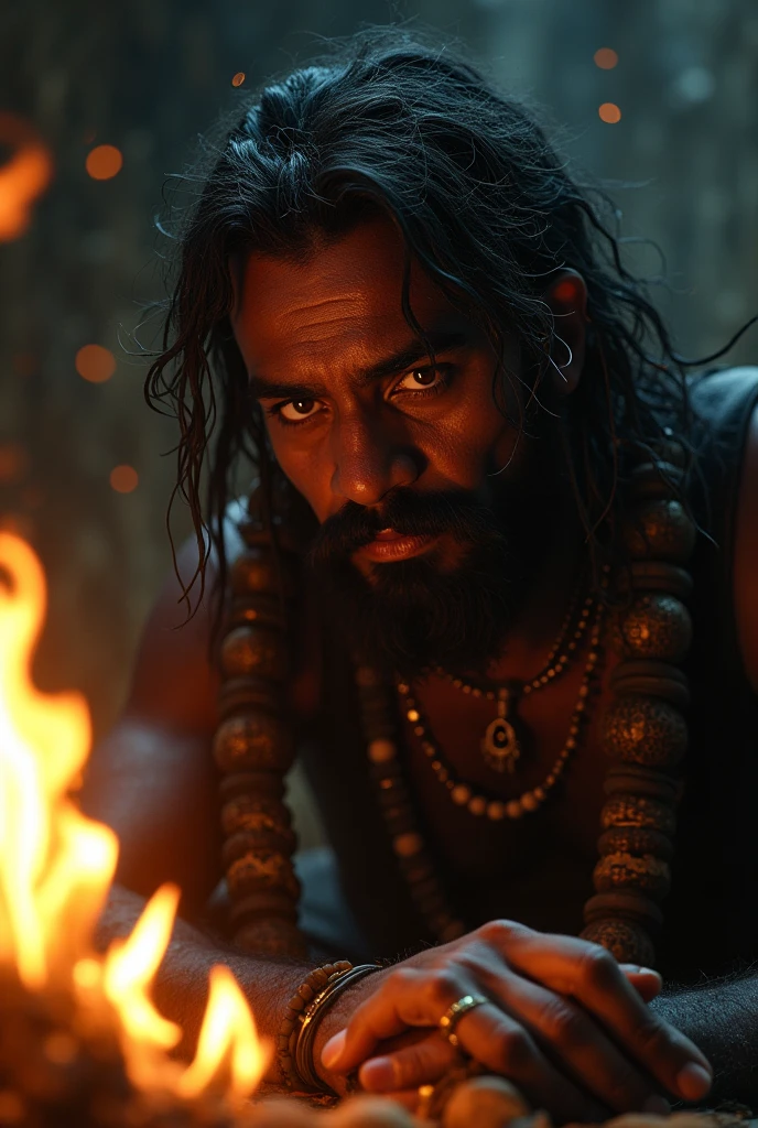 A scared Hindu man who is chanting mantra, there is also a fire burning near him, it is night time, there is a scary atmosphere,
The image will be of 16:9 size