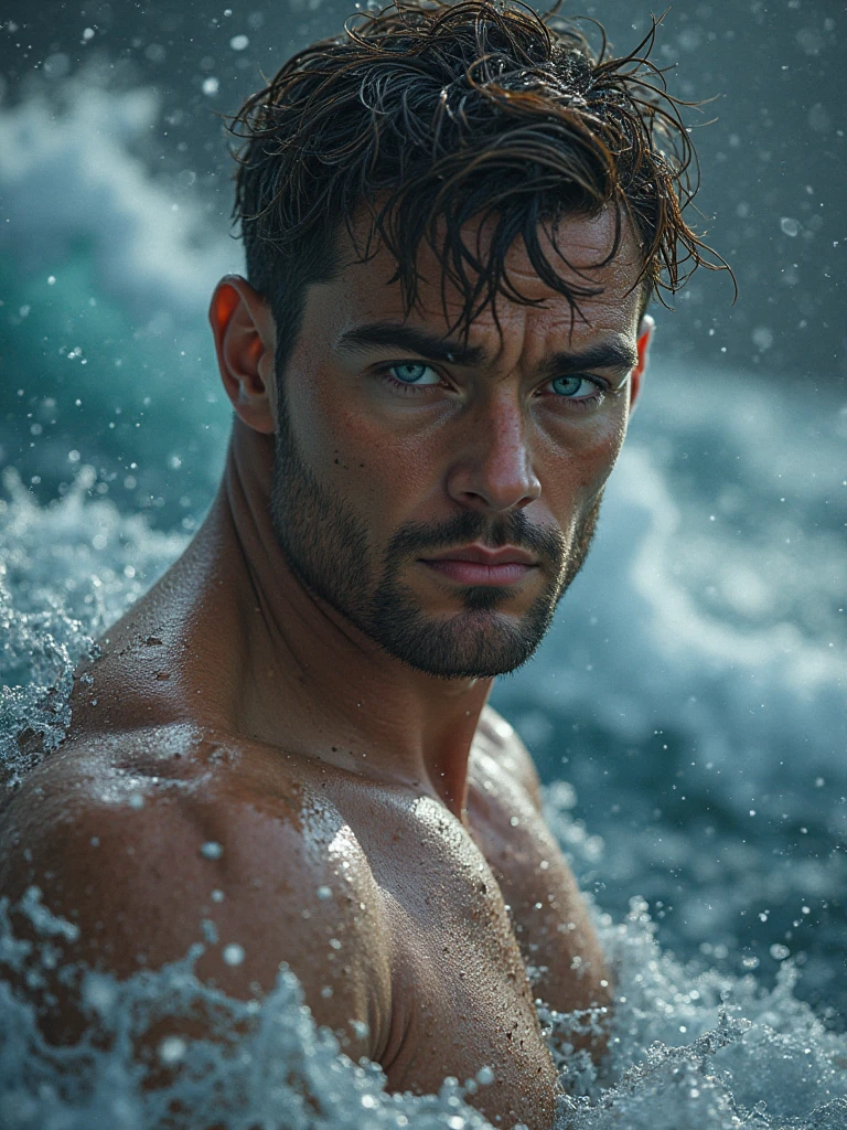 (Man coming out of the wet water), Wearing black dress pants, no shirt, (Beard and attractive) movie scene, (Impeccable), tanned and healed body, Serious and elegant man, Actor Jamie Dornan, with thick male eyebrows, secret agent 007 man style, (with mysterious and serious face,) short dark hair, elegant and elegant, body fit and strong fit in suit, sea background image of Greece, Man similar to actor Jamie Dornan, ( high quality and realistic image), ((Best Quality, 8k, Masterpiece).