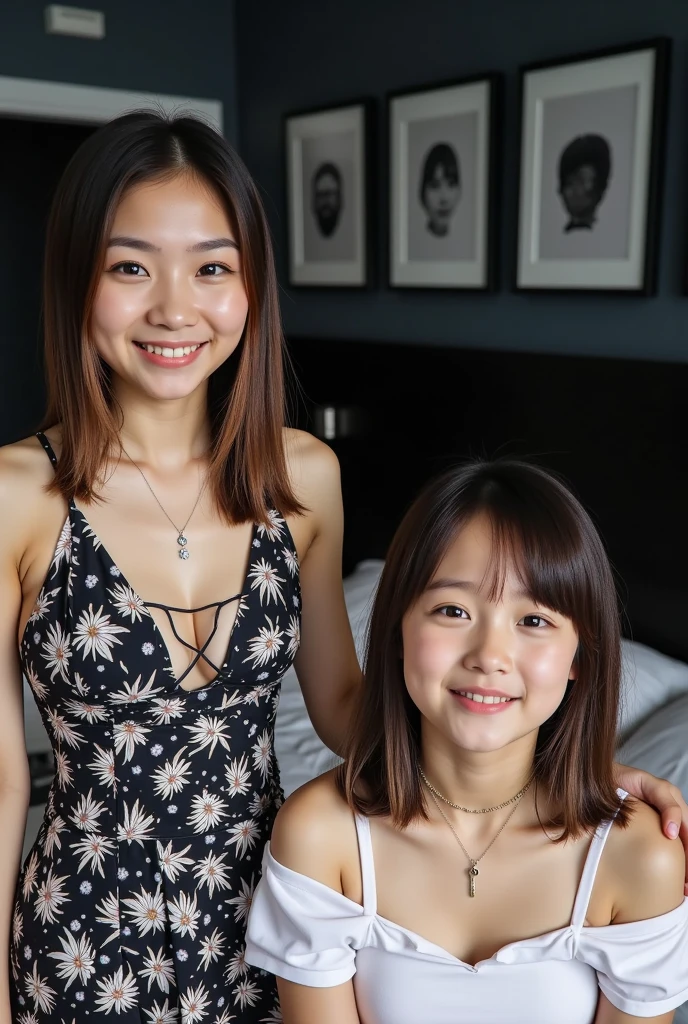 masterpiece, Highest quality, 8k, Two young and beautiful girls, Baby Face、(((((2girls)))))、((((((10 years old)))))),((Small breasts:1.3)), photo shoot, Cute Face, Thighs,、smile, 10 generations, Detailed face, Background blur、Long Hair、Black Hair、Small breasts、Small breasts、Cleavage、Tight waist,Off-the-shoulder knit dress