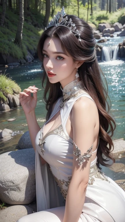 A feudal princess, extremely beautiful, perfect body. Photo taken with Canon EOS R5 85mm f/11 Camera, ((sharp)) mode of people and surrounding scenery. Image quality ((8K)), ((lifelike)), ((masterpiece)), ((sharp and highest contrast)), ((great depth of field)), ((light stereolithography)). Close-up photo of the princess's face, exposed chest, exposed breasts.