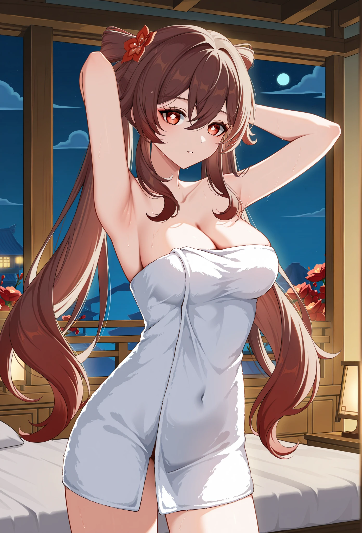 slender, mature female,1girl, breasts, flower, long_hair, brown_hair, cleavage, jewelry, moon, solo, looking_at_viewer, full_moon, night, large_breasts, sitting, bangs, bokeh, smile, bare_shoulders, lens_flare, dress, necklace, collarbone, white_dress, sketch, brown_eyes, lights, lips, black_eyes, night_sky, parted_lips, sky, eyebrows_visible_through_hair, closed_mouth, thighs, sidelocks, bare_legs, sleeveless, outdoors, animal_ears, horse_ears, horse_girl, horse_tail, 