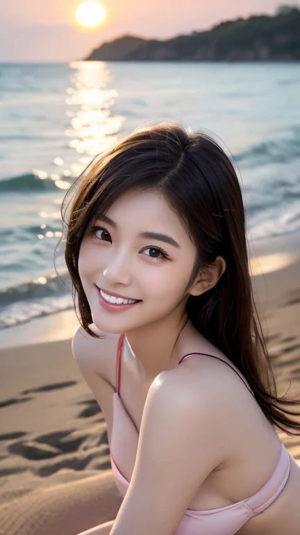 ((top-quality、masutepiece、8K、Top image quality、Hyper-Realism))、(1 photo:1.3)、(Beauty 1 person)、(Photo above from the female breast:1.2)、smile looking at me、the most detailed face、sparkling gemstone necklace、Off-shoulder top with ruffles、Standing on the beach、the most beautiful sea、Beautiful sky、beautiful thunder clouds、Refreshing sea in the background、Shining beautiful sea background、
