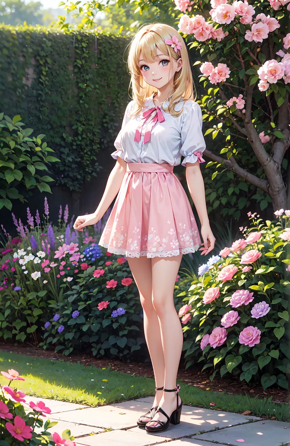 high resolution、high quality、masterpiece、detailed、1 female、Blonde、Short Hair、Curly hair、freckles、White blouse、Red Skirt、Grab the hem of your skirt with both hands and lift it up、Panty shot、White panties、