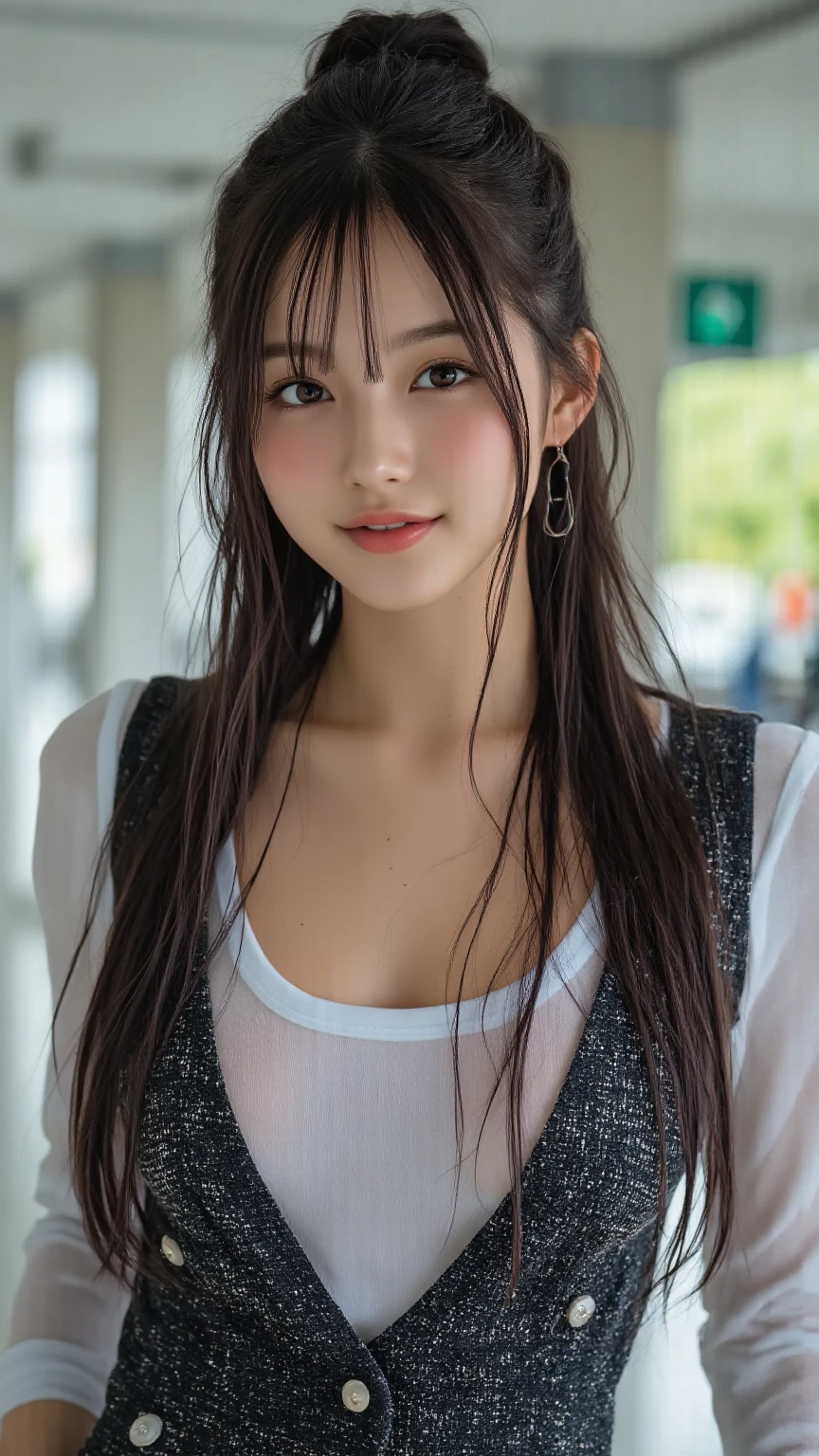 (RAW shooting, Photoreal:1.5, 8K, highest quality, masterpiece, ultra high resolution), perfect dynamic composition:1.2, street corner at night, look up at the sky:1.3, (((Typhoon heavy rain))), Highly detailed skin and facial textures:1.2, Slim high school girl wet in the rain:1.3, sexy beauty, perfect style:1.2, beautiful and aesthetic, Fair skin, very beautiful face, (rain drips all over my body:1.2, wet hair:1.4, wet uniform:1.2), water droplets on the skin, (Medium chest, Chest gap), (embarrassing smile, The expression on your face when you feel intense caress, Facial expression when feeling pleasure), (Beautiful blue eyes、 Beautiful erotic eyes:0.8)、 (Too erotic:0.9、Alluring:0.9)、 Cowboy Shot、Student Bag、 perfect limbs, perfect fingers(,nipple),(Pink is transparent),