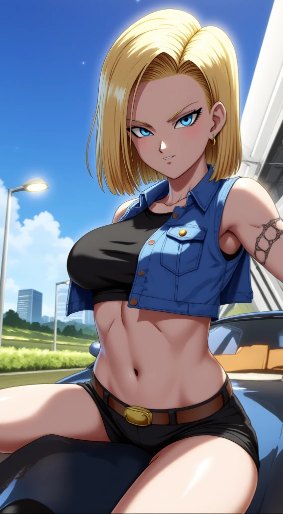 Supergirl, Purelos Face_v1, Android 18 , soul, digital figure, Comic book style, cyber punk, Perfect Anatomy, Centered, Approaching perfection, dynamic, Very detailed, Watercolor, artステーション, コンセプトart, Smooth, Sharp focus, figure, art:Carne Griffith、Vadim Kashin ,, (masterpiece, Highest quality, Super detailed, Best Shadow),, Neon Genesis Evangelion style, You find yourself standing in a desolate place, Post-apocalyptic wasteland, The ruins of a huge distant city rise on the horizon. The sky is covered with ominous clouds, A gigantic creature towers in the distance, Huge breasts, Huge 、Bare nipples, Curvy, chic、Naked upper body、((Nipples are visible:1.8))、Puffy nipples、Detailed nipples、Crotch bite,((Show your armpits:1.7))、((Erotic squatting:1.3))、Squat、Open Leg,Detailed armpits、Sweating profusely、((Armpit close-up:0.8))