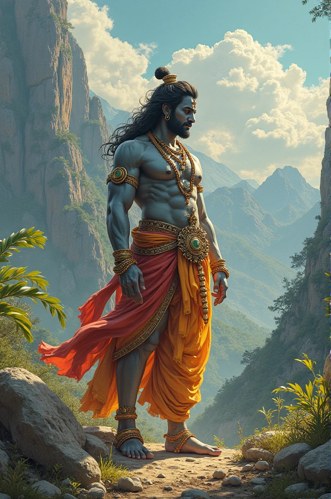 lord krishna wearing all his traditional outfit ,pointing finger to a gold mountain inside a jungle from a valley of lush green, realism, very realistic and epicted looks from mahbharata