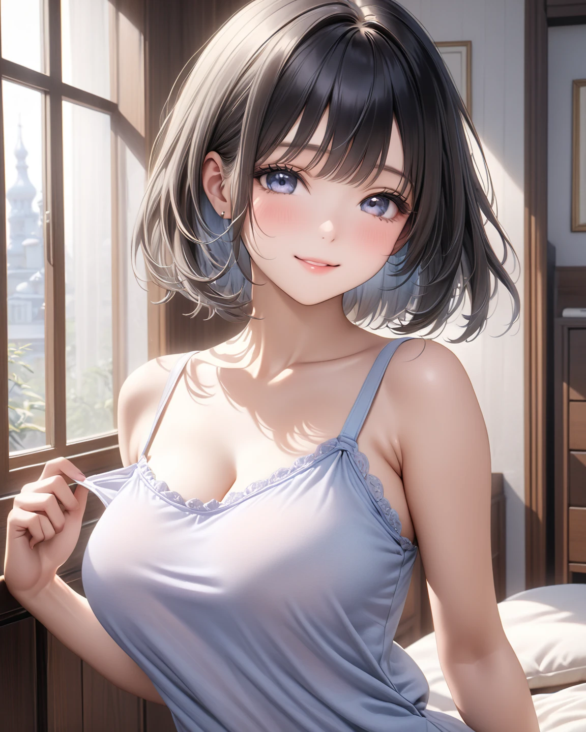 (masterpiece, Highest quality:1.2), (High resolution, Abstract:1.1), Super detailed, One girl, Cute pose, camisole, Off the shoulder, Lips parted, smile, blush, Create an attractive and inviting posture, Large Breasts, Cleavage, , Browsing Caution,