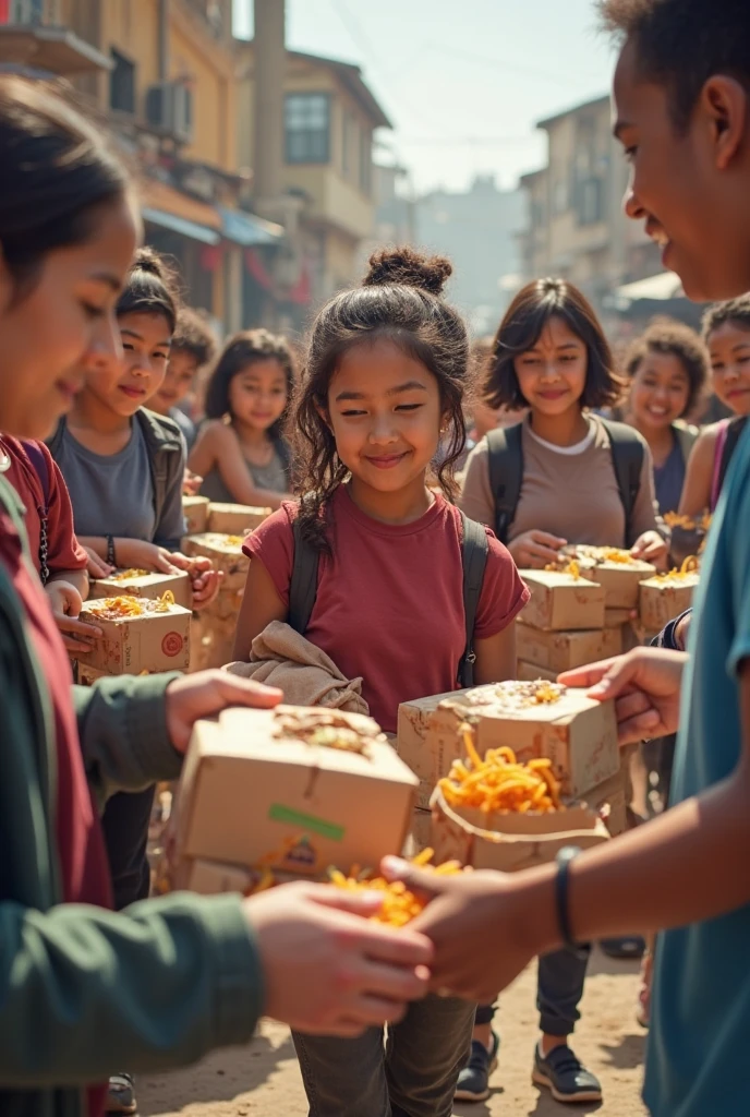 A woman helping street children with food