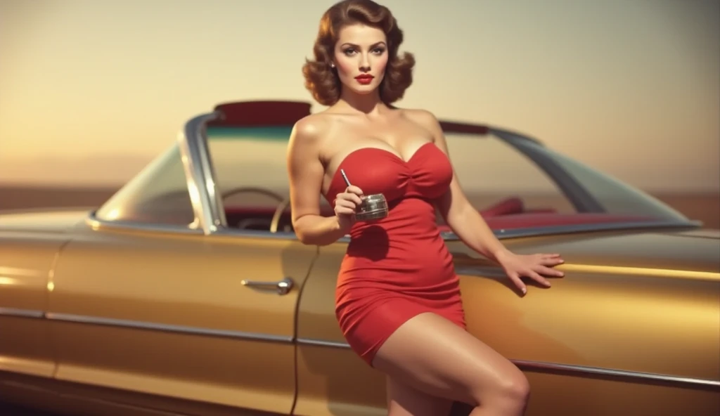 A watercolor pin up painting of a stunning beautiful girl, sitting on the hood of a vintage Hudson Hornet car . from the 1950s. ((1 girl , Alone)), ((1 people)) long curvy hair and wearing a tight red dress ,with white polka dots on her dress, , sunglasses perched on his head. The general mood of the image should be glamorous, funny, and adventure. Masterpiece pin up art by Girl Elvgren.