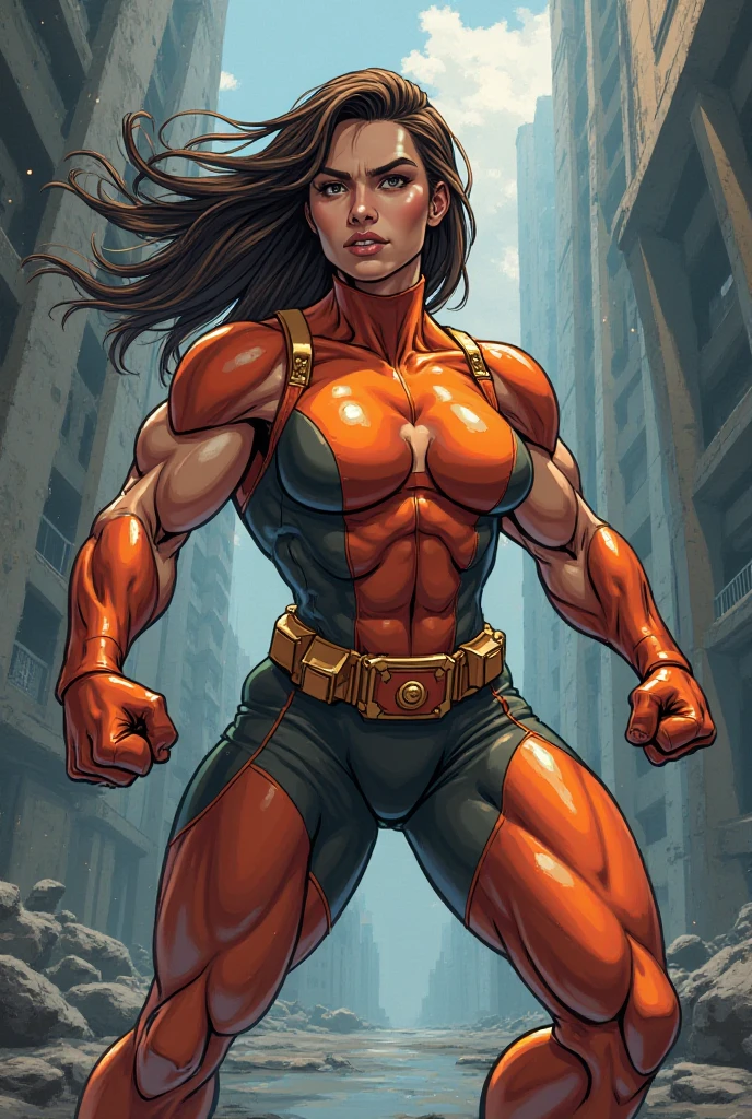 action scene, bulletproof, fighting, running, dynamic action, masterpiece, high quality, dynamic action, high definition, Stretcher comic book woman, elasticity, (((long arm))), long hair, huge ponytail, athletic, toned, thin, womanly, rubbery, elastic woman, white and red spandex, rubber body, brunette, ((huge breasts)), city street, daytime, heroic, cheerful,