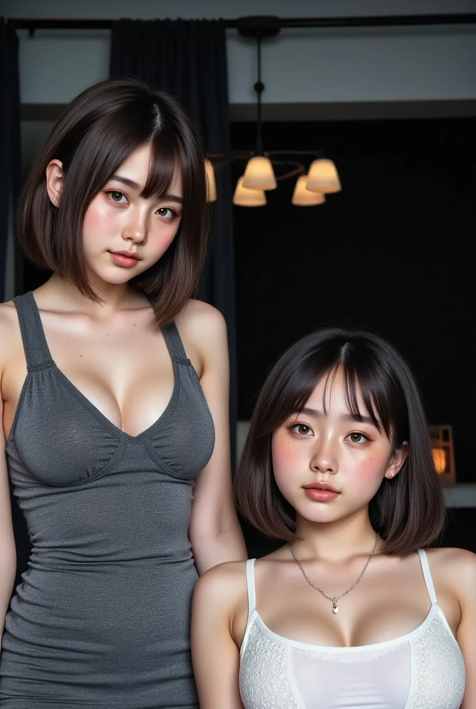 (masterpiece),(highest quality:1.1),(Very detailed), In detail, slim,(Very delicate and beautiful face), (Short eyelashes), 16 years old、Japanese women、very cute, Party Dresses、(short hair, messy hair), medium breast, The corners of the mouth are slightly raised, nsfw, (embarrassed)、Thin Necklace, (looking at viewer), shot from above