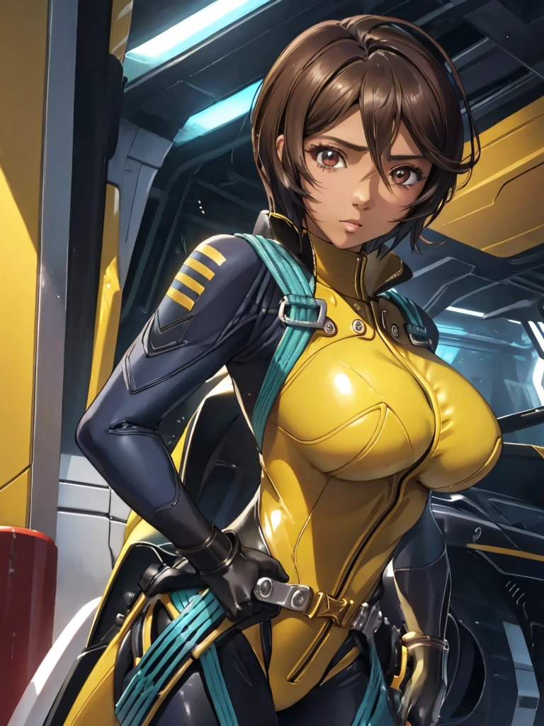 Huge breasted android woman with cleavage in a dystopian city