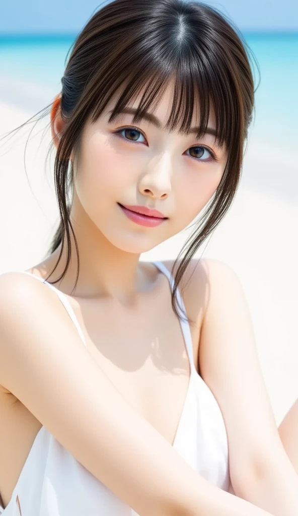 masutepiece, Best Quality, Illustration, Ultra-detailed, finely detail, hight resolution, 8K Wallpaper, Composition including perfect whole body, Beautiful detailed eyes, ((Lying on the beach:1.2)),((fullnude:1.1))、 Random and cute hairstyles, Medium chest, Natural Color Lip,Beach, Random and cute poses,((A big smile that makes you squint)),((breastsout、under look eyes、Mole on the arm:0.9))、((short-cut))、((Lying along the coast))、((Camera work from behind))、((Dip your feet in the sea)),((Traces of blood vessels in the chest)),(((Lift your hair with both hands:1)))