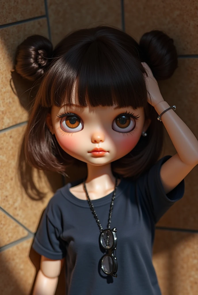 Make a blythe doll with short black hair black eyes mole on the left cheek and brunette