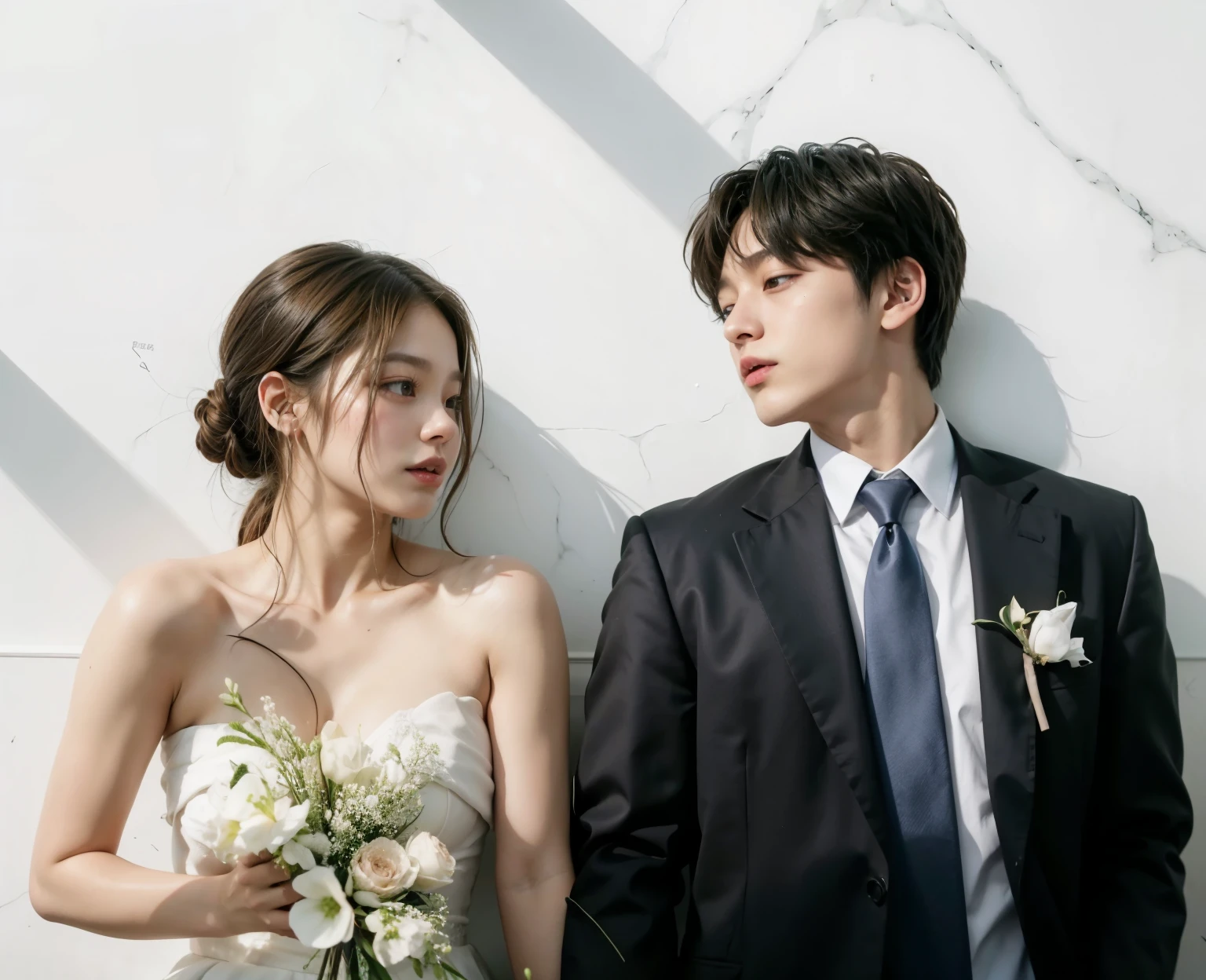 A Korean couple, dressed in formal attire, holding hands and looking into each other's eyes inside their home