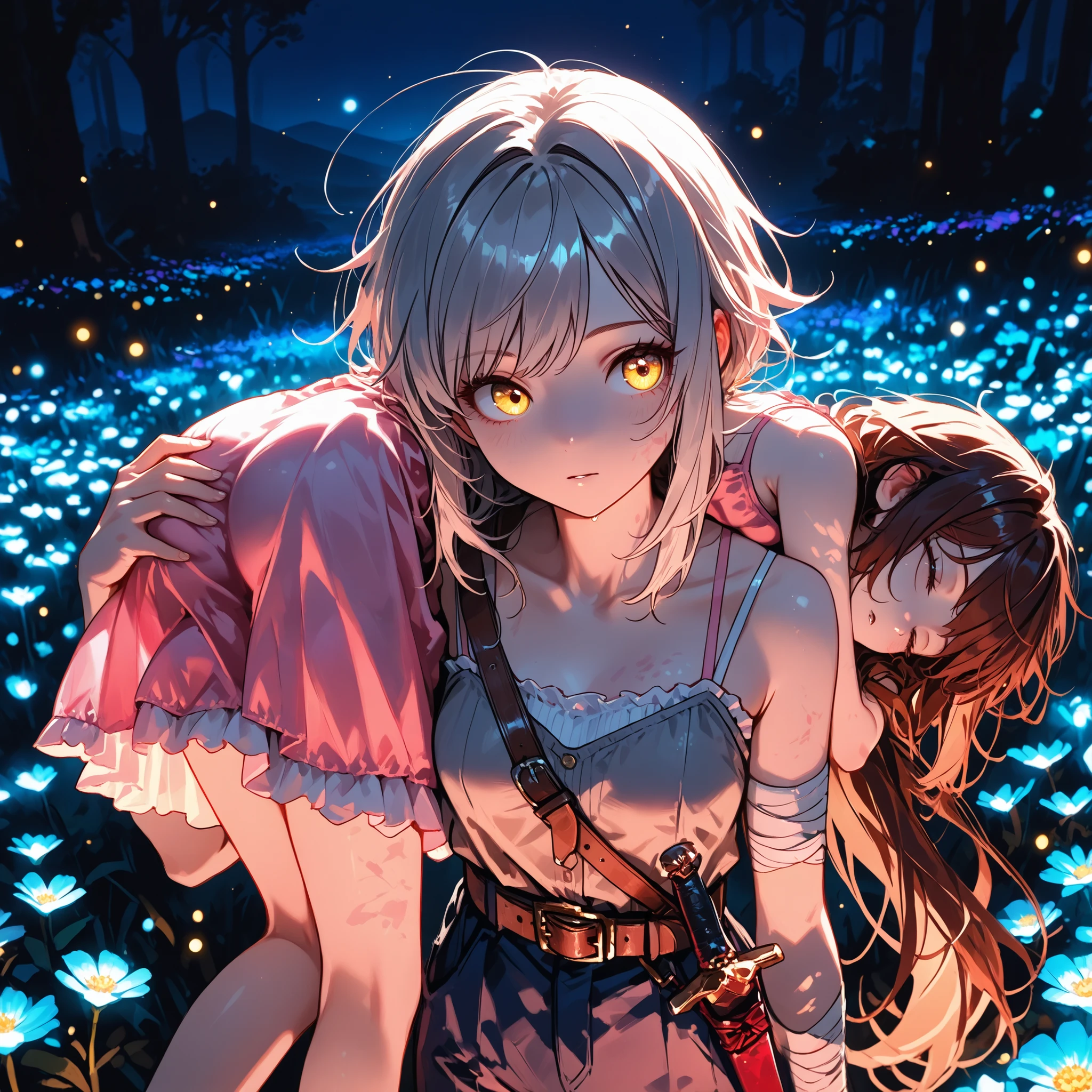 (masterpiece:1.2, Best Quality), (finely detailed beautiful eye: 1.2), (beautiful detailed face), carrying, carrying person over shoulder, shoulder carry, close up, from above, hand on another’s ass,, dynamic pose, character: brown hair , sleeping, brown eyes , very long hair , swept bangs thin , small breasts , bare shoulders , pink sundress , backless sundress , bandaged hands , spaghetti strap sundress , sundress with white frill trim , brown belt , dagger sheathe attached to belt , character: thin , messy hair, yellow eyes , long hair , gray hair , low ponytail , light skin , yellow eyes , ,gray sleeveless vest with white frill trim,thin, light gray sleeveless shirt, dark blue trousers, thin legs, thin thighs, dark red swordbelt, sword sheathe, sword pommel, shade, translucent flowers, colorful flowers,light blue flowers, glowing water, transluminescent glow, bioluminescence flowers, glowing flowers, glowing flower field, bioluminescent water, filled with bioluminescence, transluminescent surfaces, transluminescent, glowing flowers, flower field, night, light particles, glowing, glowing light,
