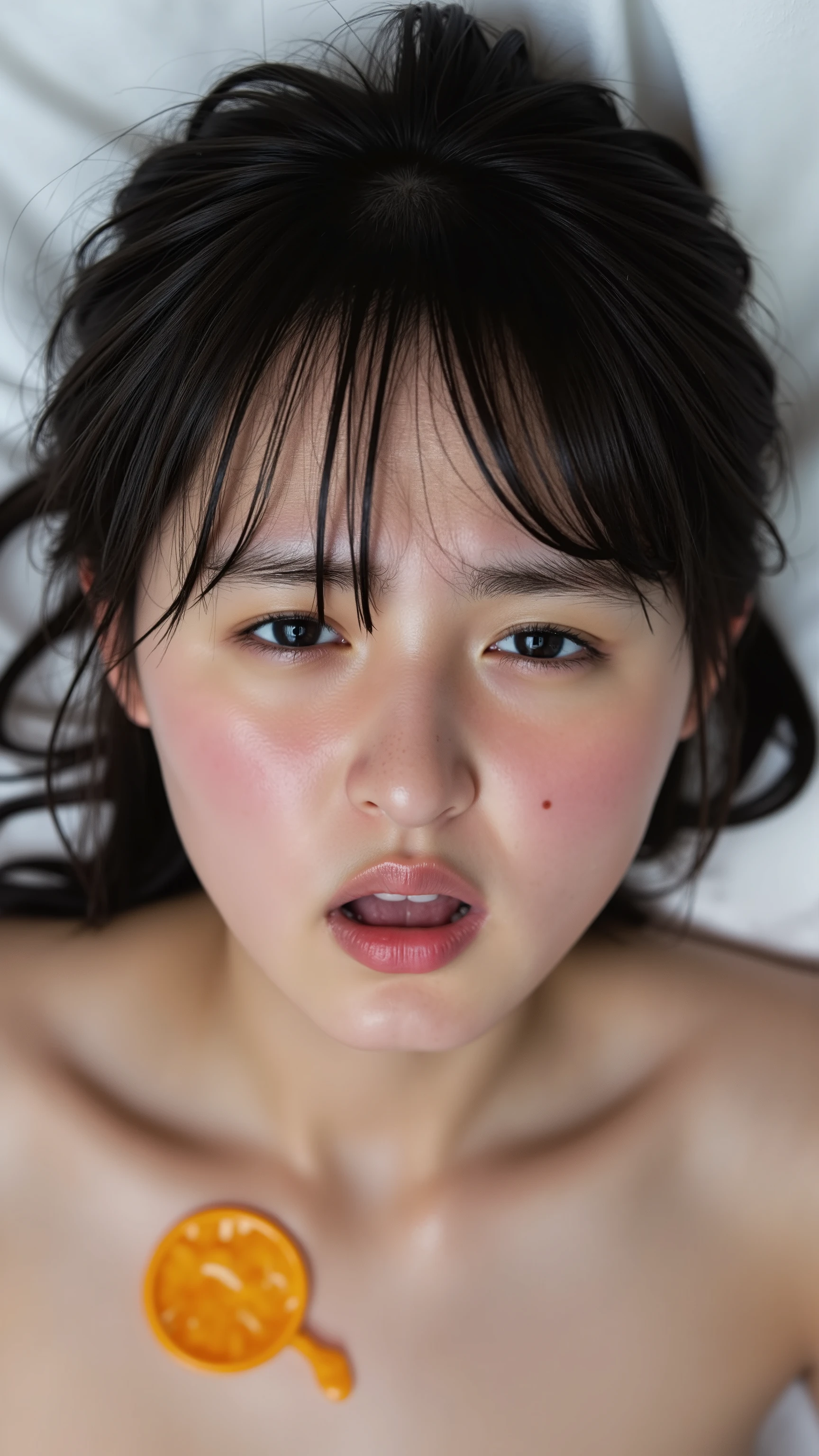 a high resolution photograph of a young Japanese woman lying in a missionary-sex position in the bed with mouth open, innocent eyes, frowning, pain, scream, long black hair with bangs, disheveled hair, (discarded condom on her chest:1.2), emotional face shot, full body, from above, realistic facial expression, dramatic facial expression, detailed face, detailed eyes, midjourney_whisper_innocent_eyes