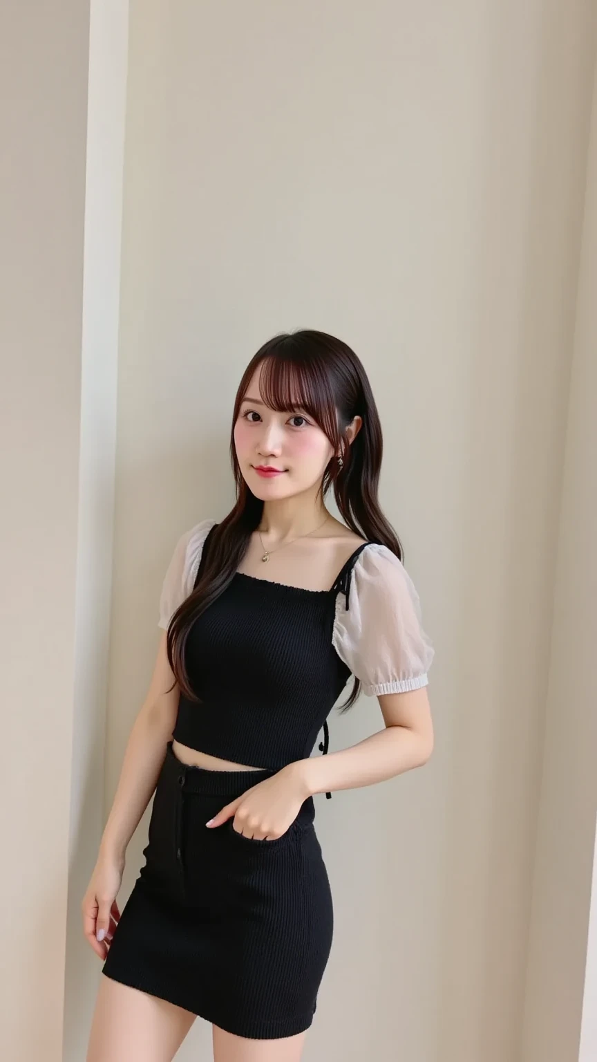 highest quality, masterpiece, 8K, ultra high resolution, (realistic: 1.4), 1 girl, beautiful face, symmetrical eyes, Japanese, smile, brown hair, perfect body proportions, full body, smile , large breasts, high heels, wearing makeup , pantyhose, (tight laced fabric blouse), ((red lace fabric blouse)), ((silk black color skirt)), ((tight fitting skirt )), (laced short sleeve) , rooftop, sitting on bench, crossed legs, (legs shown: 1.4)