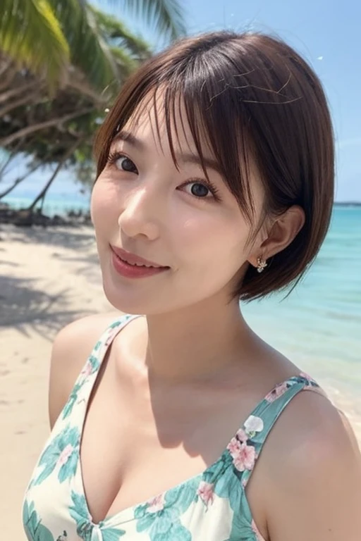 Tabletop、(Highest quality、4K、8K、High resolution、masterpiece: 1.2)、Very detailed、(Genuine、photoGenuineistic、photoGenuineistic: 1.37)、Full Body Shot、whiteTshirt、Complex and beautiful eyes、woman、short hair、Natural color lip、Bold and sexy pose、smile、Ocean、20-year-old girl、A cute and sexy shot of her looking at the camera。