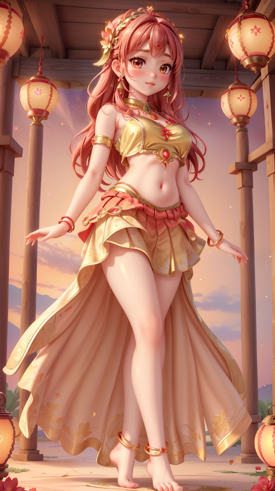 (absurderes, A high resolution, Ultra detailed, hdr), Masterpiece, Best quality, Portrait of an Indian nami, orange hair,extreme realistic very beautiful, animated style, full body shot, anime in a(((pink))) indian dress (((saree))), long black wavy hair untied, head jewellery, necklace, earings, armlets, bangles and bracelets, rings, pleasant expression, bright big blue eyes, natural beauty, vibrant colors,night sky, romantic, soft lighting, vintage aesthetic,huge breast,navel, cleavage ,standing ,mouth open, saliva,tongue out,face on front,