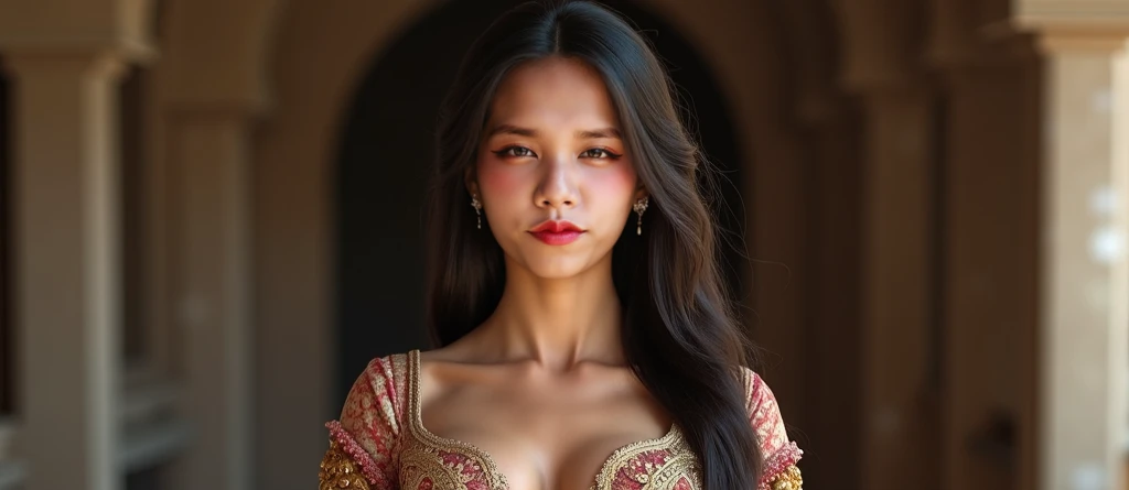 A beautiful young woman, elegant curves, graceful pose, delicate facial features, long eyelashes, lush lips, flowing hair, intricate jewelry, detailed dress, dramatic lighting, cinematic composition, rich color palette, digital painting, highly detailed, photorealistic, masterpiece, 8k